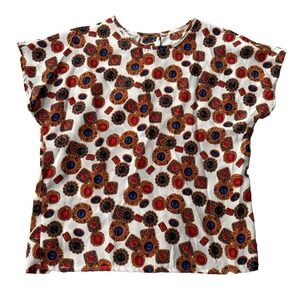 Christie & Jill Blouse Colorful Sz S Petite Short Sleeve Jewels Button Back Work